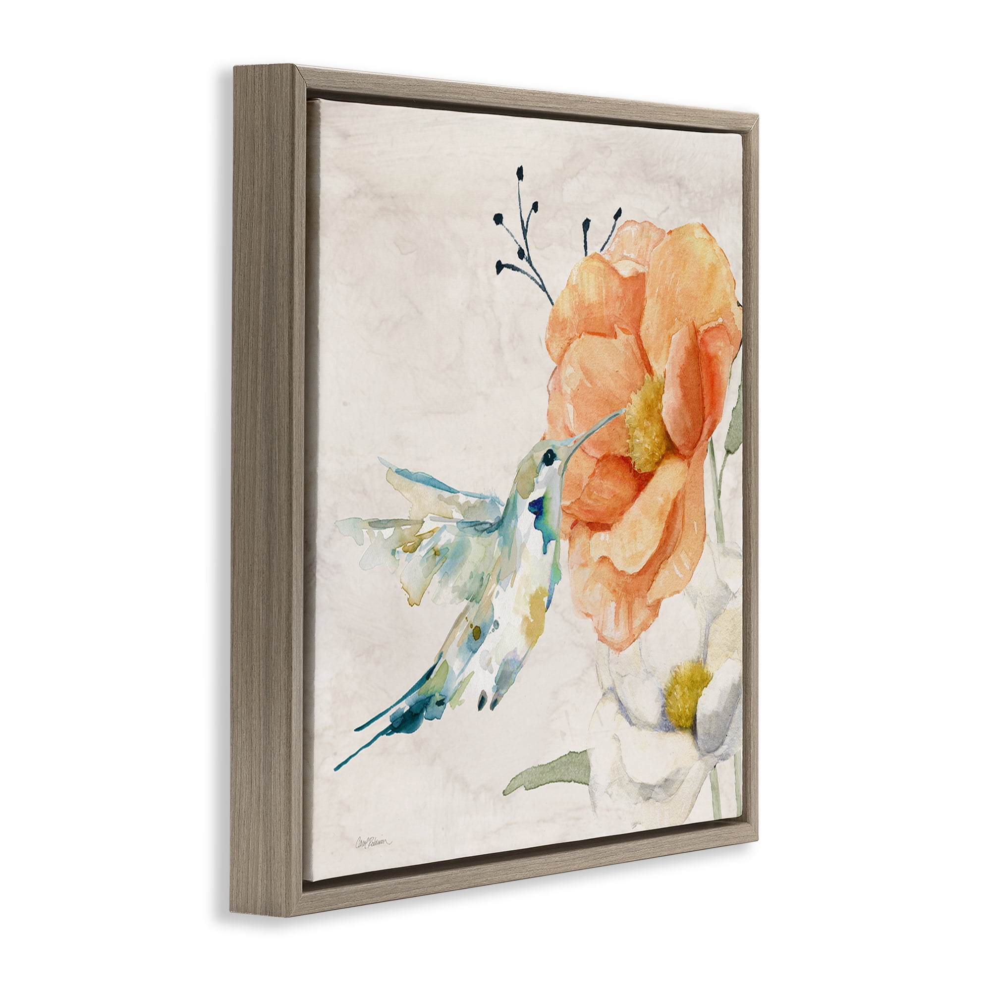 Stupell Industries Blossom & Hummingbird Plants & Flowers Painting Brown Floater Framed Canvas Art Print Wall Art, 25 x 25