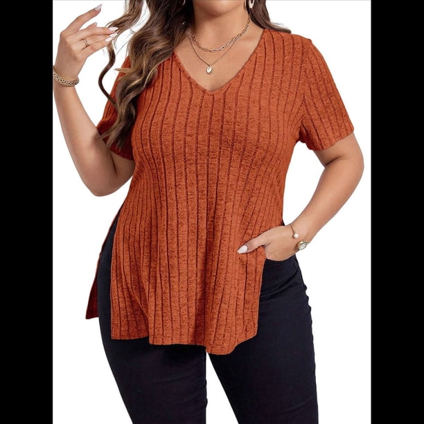 Blusas de Talla Grande para Mujer, Informales, con Cuello en V, Corta y Dobladillo Dividido, para Verano Color Naranja XXXL