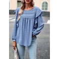 thumbnail image 4 of Solid Round Neck Ruffle Shoulder Crochet Detail Blouse for Women Blue Large, 4 of 5