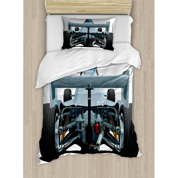 Cars Duvet Cover Set Twin Size, Back View of a Formula 1 Race Car Rally Competition Sports Cartoon Style, Decorative 2 Piece Bedding Set with 1 Pillow Sham, Bluegrey Black White, by Ambesonne