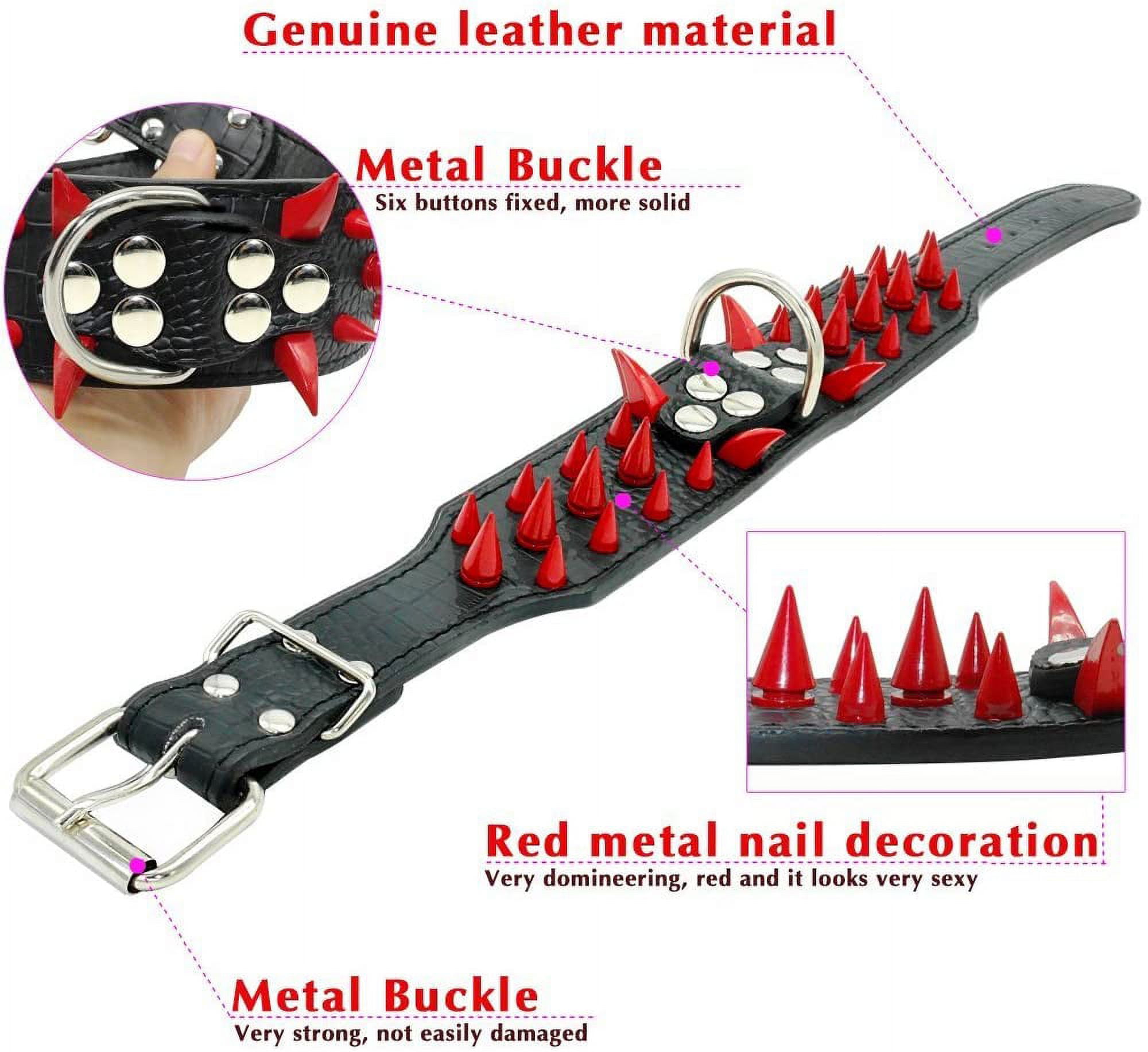 Pet Artist 2 Wide Luxury Genuine Leather Spiked Studded Dog Collars for Medium & Large Dogs,Red,M,Neck for 17-20