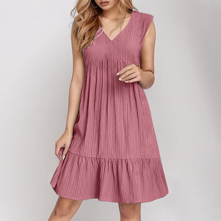 Petite Womens Dresses Cotton Linen Ruffle Tiered Layered V Neck Smock Midi  Dresses Knee Length Sleeveless Work Gauze Dresses Pink XXL - Walmart.com