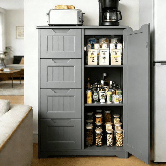 Small Pantry Cabinet, Asofer 33"H Storage Cabinet with 4 Drawers and Adjustable Shelves for Living Room, Kitchen, White