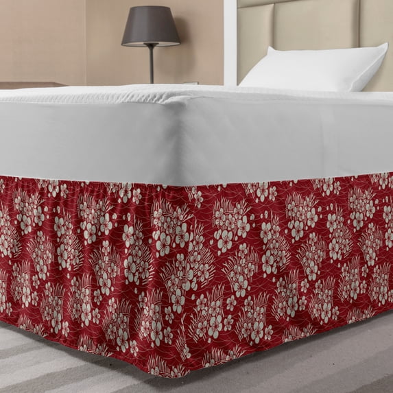 Cherry Blossom Bed Skirt, Scattered Bale of Hay Illustration Randomly Placed Cherry Flowers, Elastic Bedskirt Dust Ruffle Wrap Around for Bedding Decor, 4 Sizes, Ruby and Eggshell, by Ambesonne