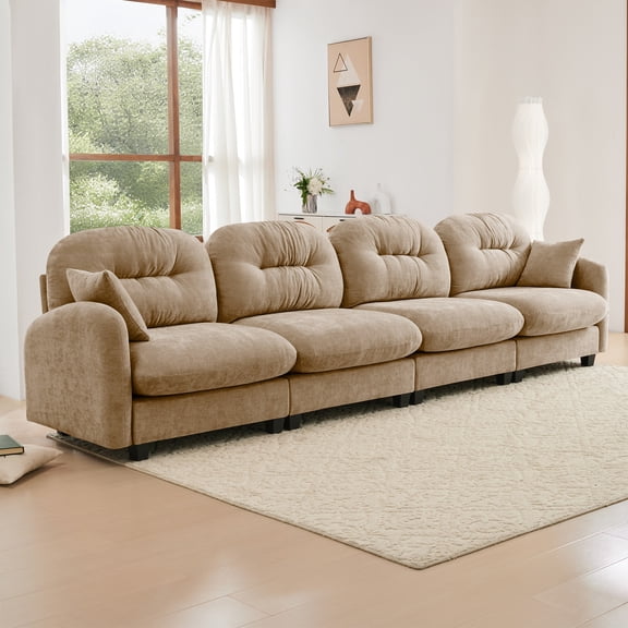Four-Seater Modular Sectional Couch, Premium Chenille Fabric with 2 Throw Pillows, Tufted Cushion Backrest Design, High-Density Foam Easy Install, Fits Bedrooms, Living Rooms, Reading Nooks (Camel)