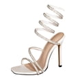 thumbnail image 7 of Heels for Women Sparkly Rhinestone Strappy Sandals Square Open Toe Summer Dressy Backless Stilettos for Party Prom White Size 7, 7 of 7