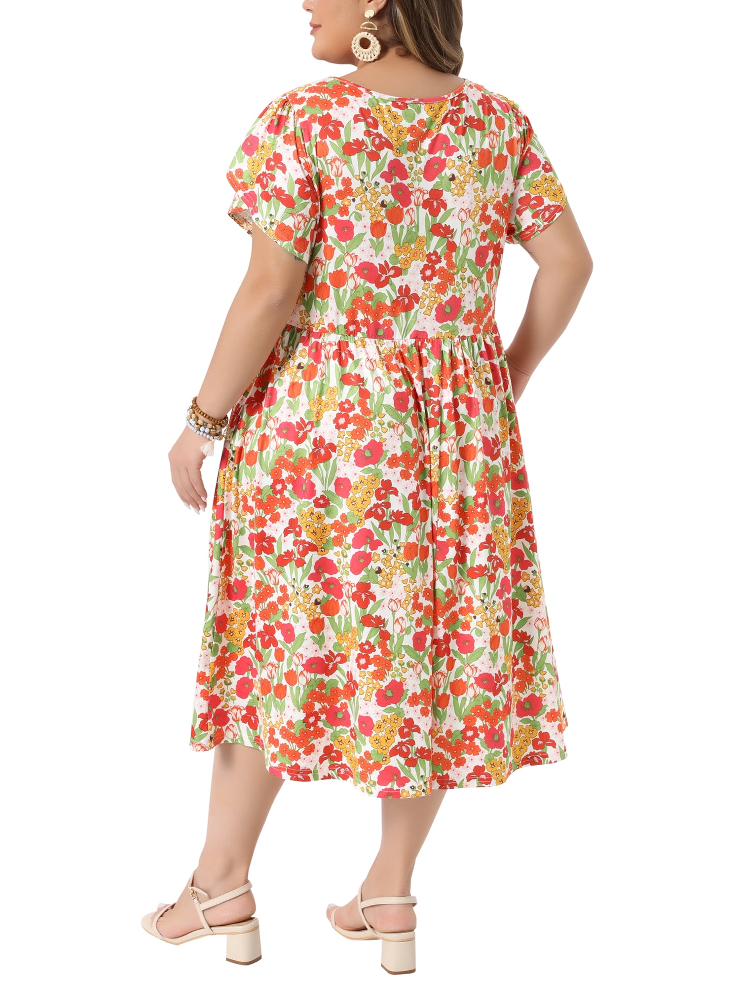 DARING DIVA Women's Plus Floral Print Crew Neck Tulip Midi Dress 3X White Red