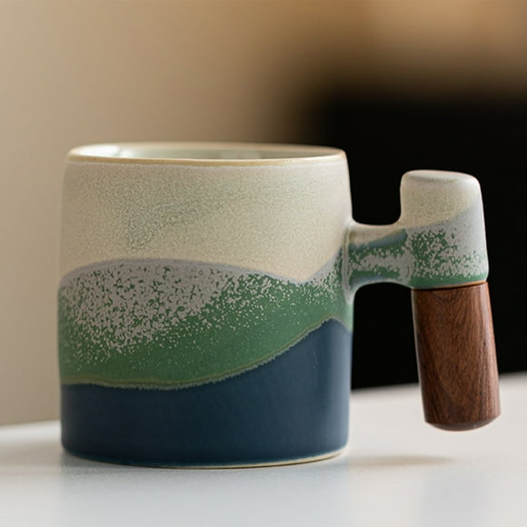 EGNMCR Rough Pottery Mini Cute Small Tea Cup Wooden Grip Handle Coffee Cup Exquisite Fresh Small Cup And Sea Theme Gradient Wooden Handle Mug Ceramics Coffee Cup