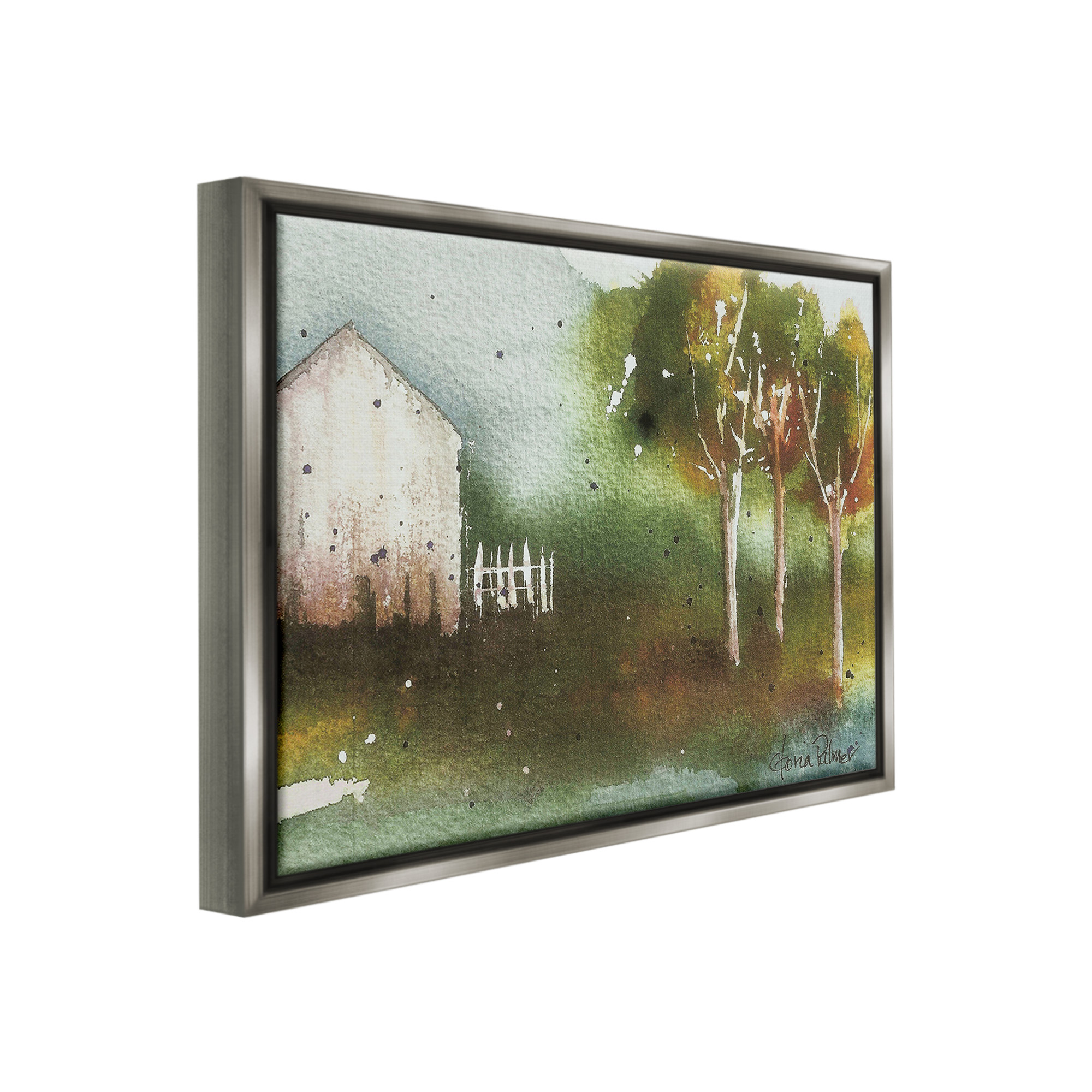 Stupell Industries Farm Nature Watercolor Landscape Painting Gray Floater Framed Canvas Art Print Wall Art, 21 x 17