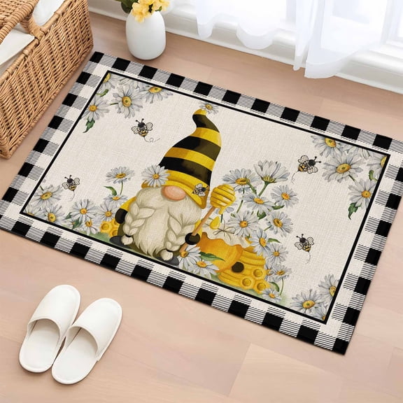 Spring Gnomes Entryway Rug 2'x3' Non Slip Front Door Mats, Farmhouse Bees Flowers Black White Plaid Entrance Rugs Indoor Outdoor Carpet, Washable Floor Mats Small Area Rug for Bedroom Kitchen
