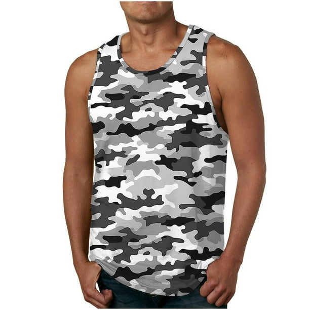Casual Summer Tops Hombres Camuflaje Impreso Cuello Redondo sin Mangas, Poliéster Ligero para Uso Diario Y de Fiesta