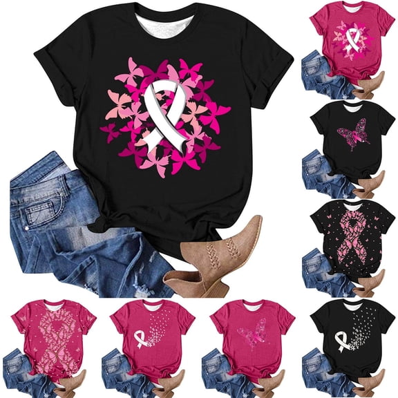 Womens Tops Casual T Shirts Cancer Awareness Month Inspiring Pink Ribbon Graphic Dressy Clothes Black