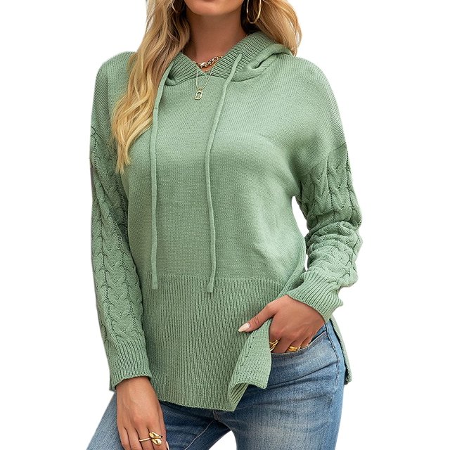 Pull à Capuche pour Femmes, Décontracté, Boutonné, Col en V, Manches Longues, Tricoté, Henley