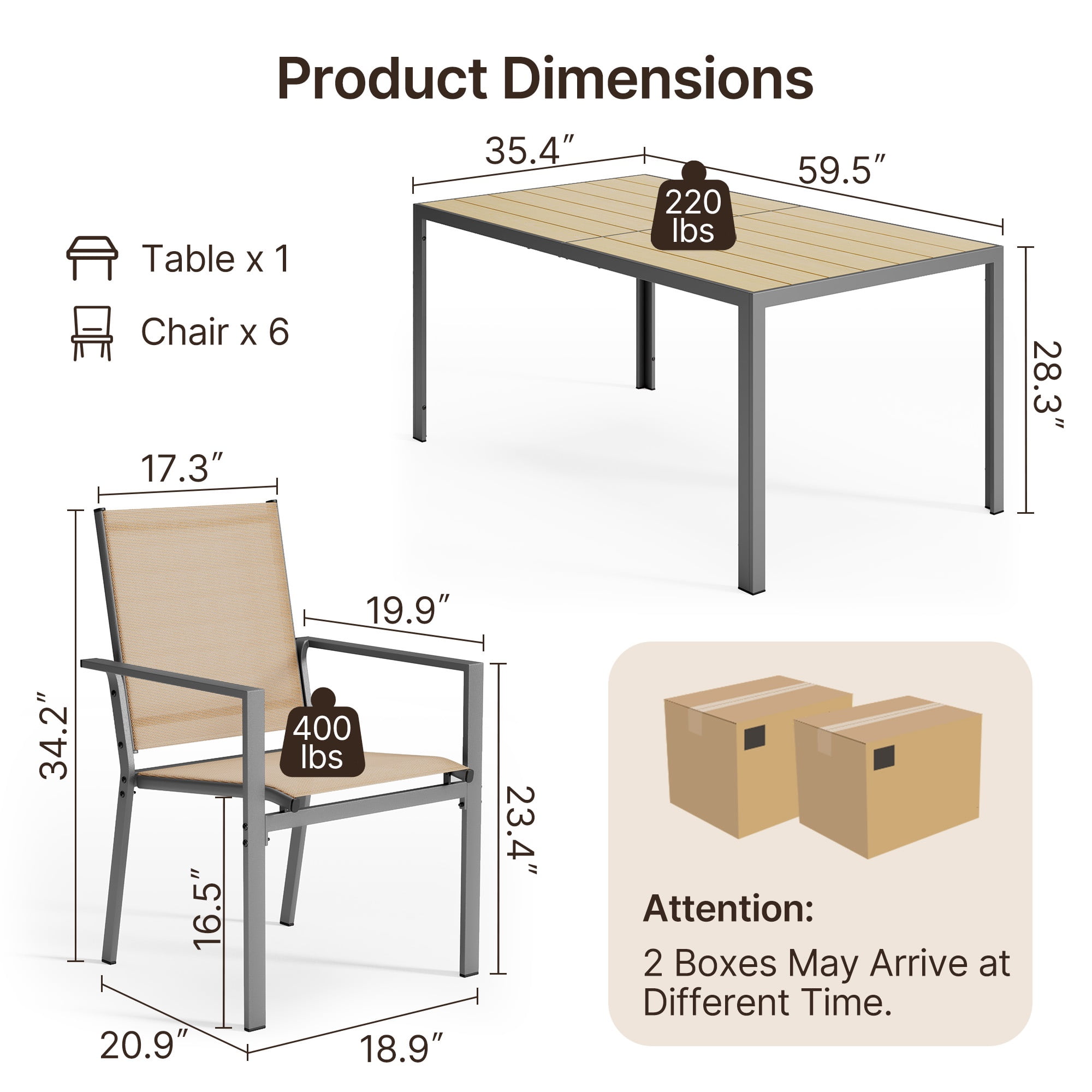 Noelse 7 Piece Patio Dining Set, Outdoor  Patio Table and Chairs with Umbrella Hole, 6 Stackable Textilene Chairs for Backyard, Brown