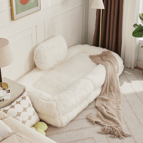 5-Position Adjustable Human Dog Bed, Convertible Floor Sofa & Gaming Chair, Plush Faux Fur Lounger for Bedroom & Living Room, Beige
