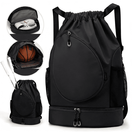 WANDF Drawstring Basketball Bag Badminton Backpack with Shoe Compartment Gym Bag for Men Women Sports Backpack for Pickleball Soccer Volleyball Black
