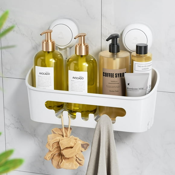 LEVERLOC Organizador de ducha con ventosa, organizador de ducha, estante de baño extraíble, succión de almacenamiento, potente soporte máximo de 22 libras, soporte impermeable, color blanco