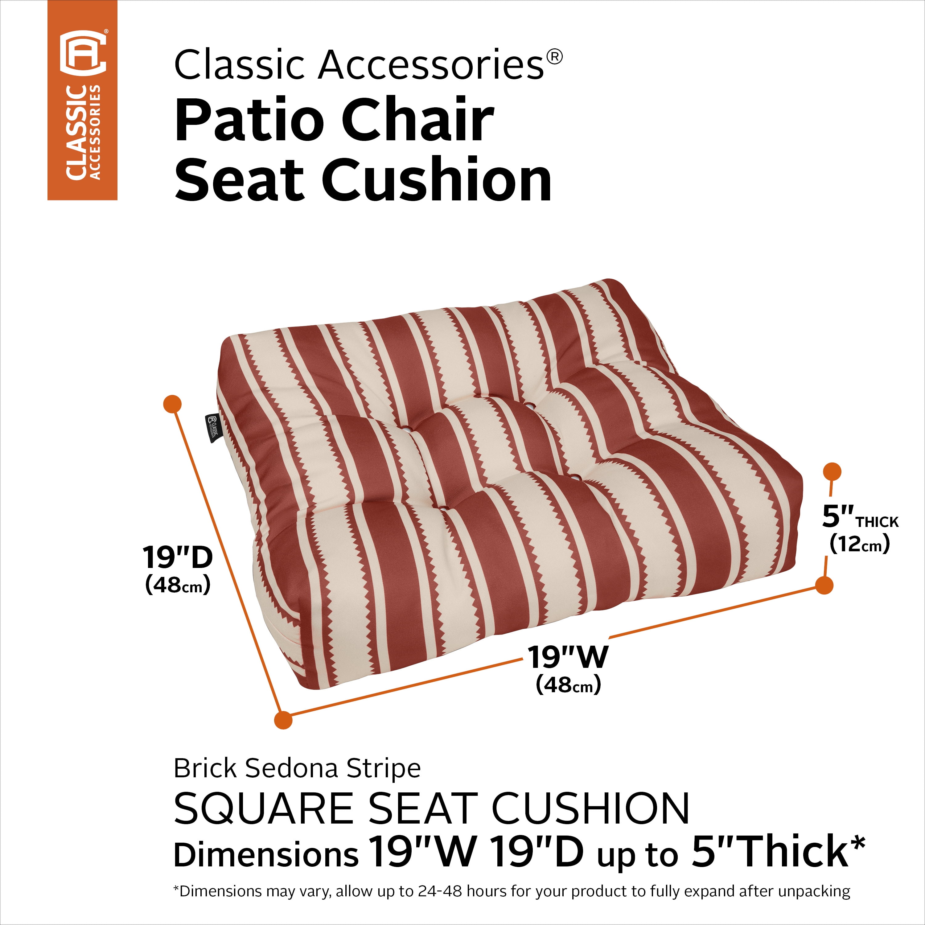 Classic Accessories Water-Resistant Square Patio Seat Cushions, 19 x 19 x 5 Inch, 2 Pack, Brick Sedona Stripe
