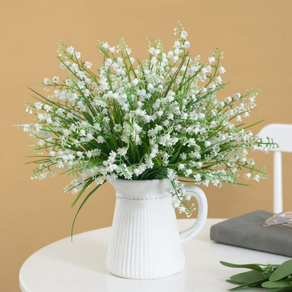 Qaailabf Imitation Spring Grass and Lily of the Valley Plastic Bouquet, 5-Fork Design, Small Vase Flower Arrangement, 32cm Potted Indoor Decoration for Weddings, Parties, and Home Decor