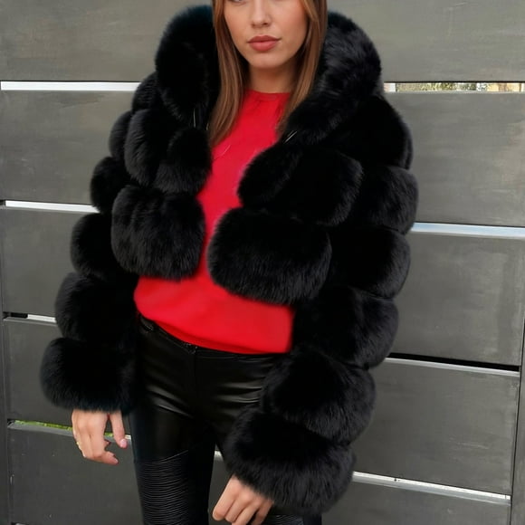 Women's Short Faux Fur Hooded Jacket with Splicing Design, Long Sleeve Outerwear for Winter, Warm and Fashionable for Urban Style, Outdoor Activities and Daily Wear