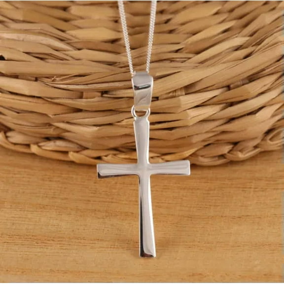Solid 925 Sterling Silver Plain Cross Pendant Chain Necklace Gift Boxed-22 Inch 1mm Curb Chain