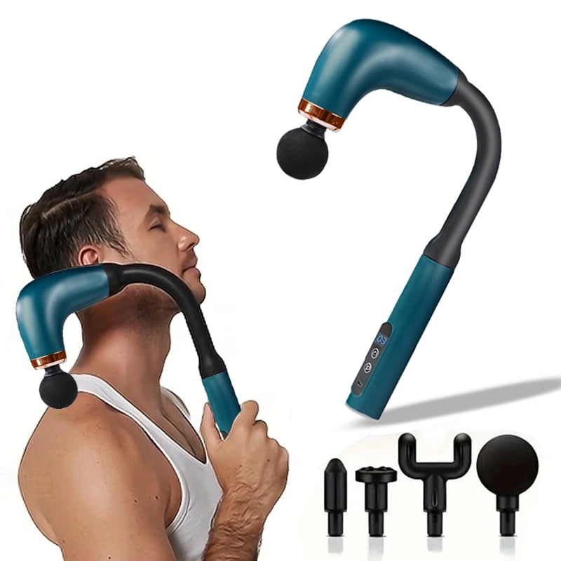 Percussion Massage Gun with Extended Long Handle, Cordless Deep Tissue Massager for Full-Body Self-Massage on Back, Neck, and Shoulders, with 4 Heads,Peacock blue