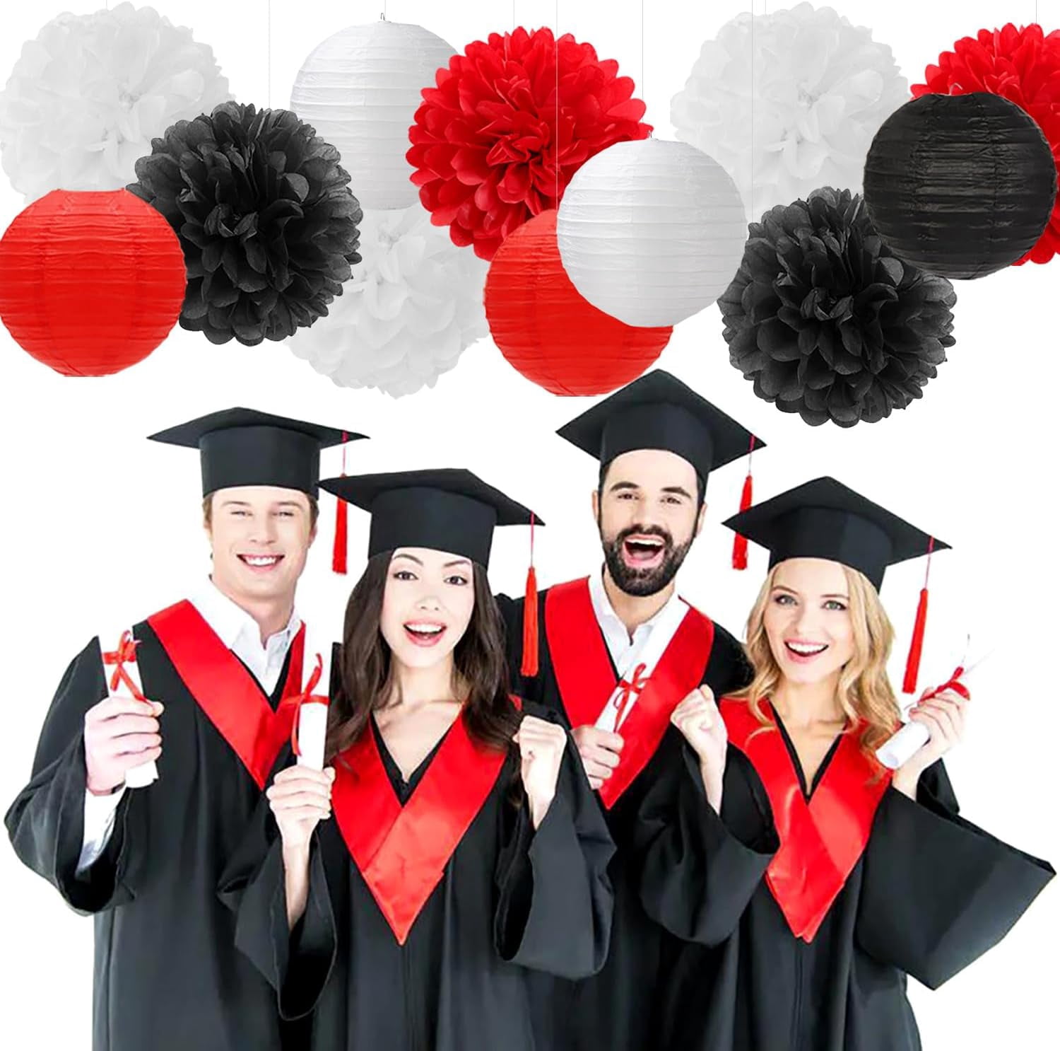 Red-Black White Party-Decorations Paper Flowers Lanterns - 15PCS Halloween Birthday Tissue Pom Poms Streamers,Wedding Baby Bridal Shower Hanging Supplies Decor