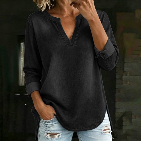 Womens Denim Shirt Long Sleeve Button Down Shirt Casual Jean Shirt Jacket Vintage Denim Blouses Tops with Pockets Black XXXL
