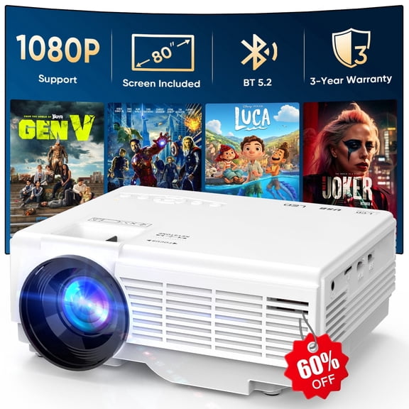 GCZ Mini Projector with Screen, Bluetooth 5.2, FHD 1080P Supported Portable Outdoor Projector for Home, Compatible with TV Stick/Phone/HDMI