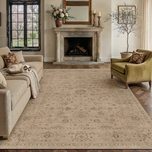 BERTHMEER 8'x10' Large Area Rugs for Living Room Bedroom Dining Room Office Oriental Floral Vintage Farmhouse Machine Washable Non-slip Traditional Distressed Carpets, Brown