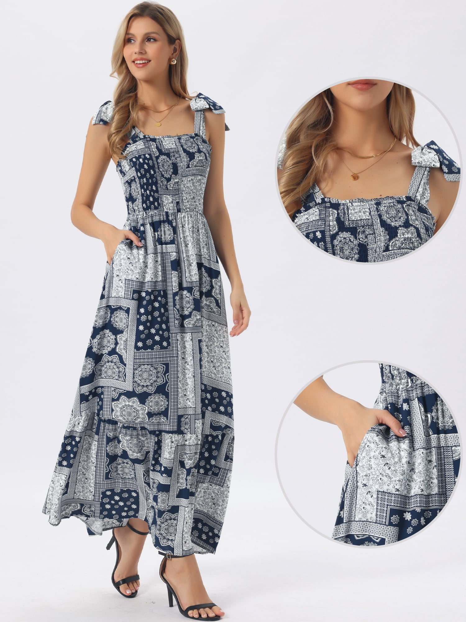 DARING DIVA Women's Summer Spaghetti Strap Square Neck Casual Dress S Navy Blue