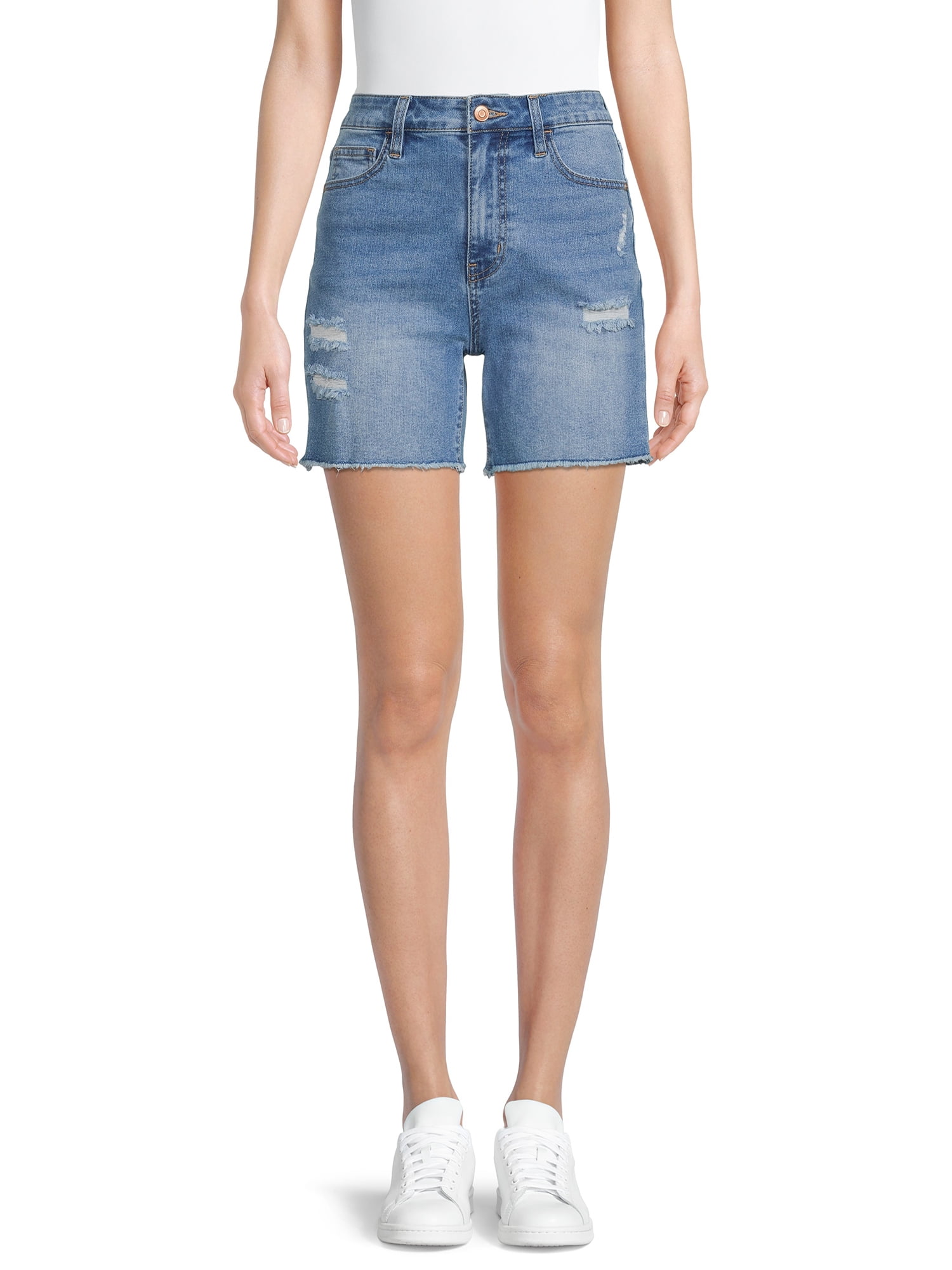 No Boundaries Juniors Destructed Denim Bermuda Shorts