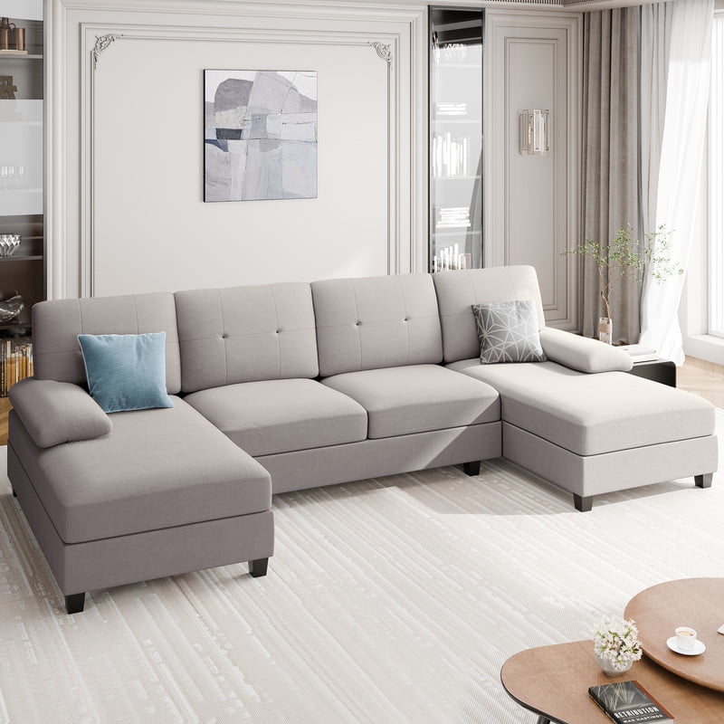 Walsunny U-Shaped Sectional Sofa Couch, 4 Seat U Shaped Oversized Clearance Sofa Set with Double Chaise for Living Room, Beige