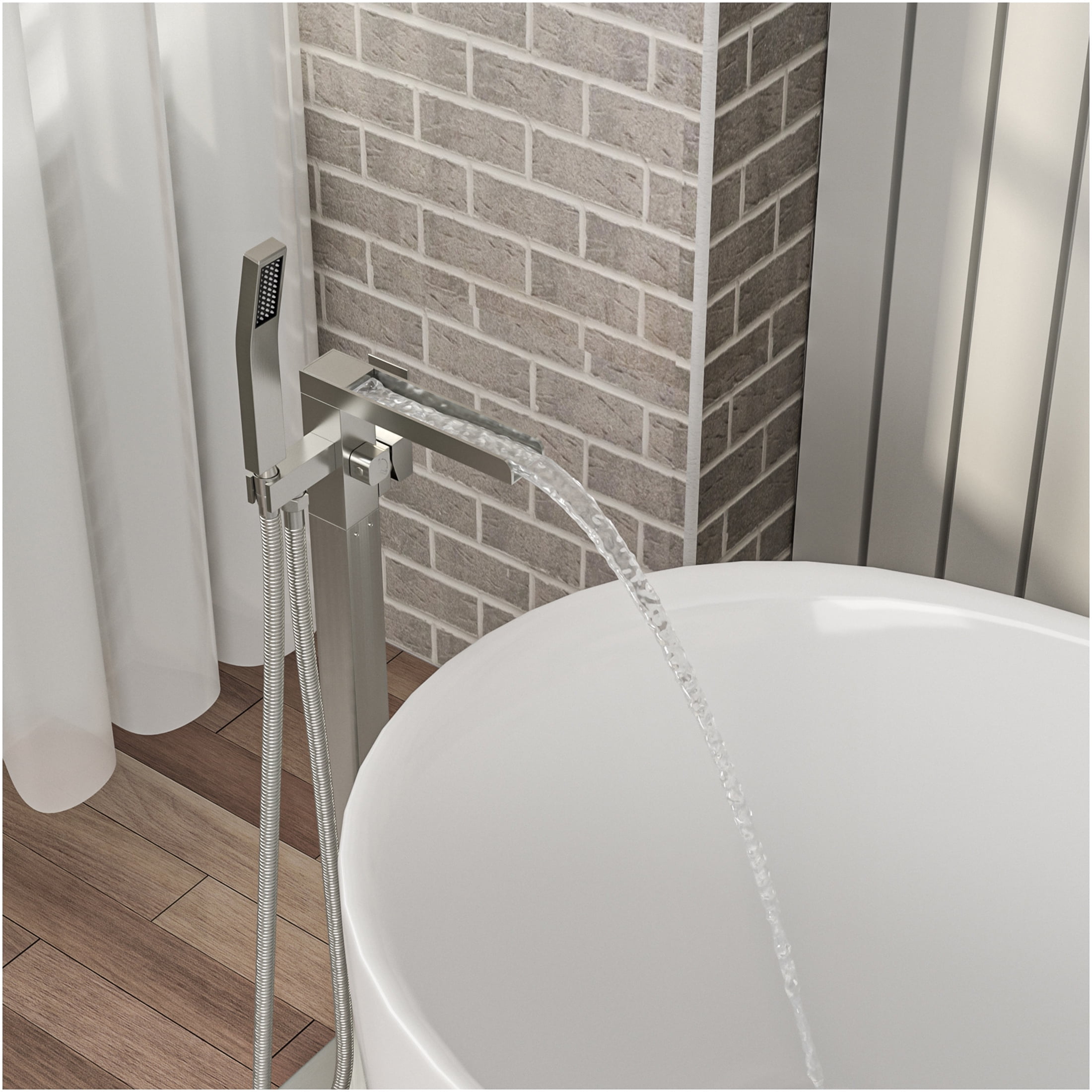 JERFIT Freestanding Bathtub Faucet with Hand Shower, 360° Rotatable Waterfall Spout, Brushed Nickel Floor Mount Tub Filler for Standard Bathroom