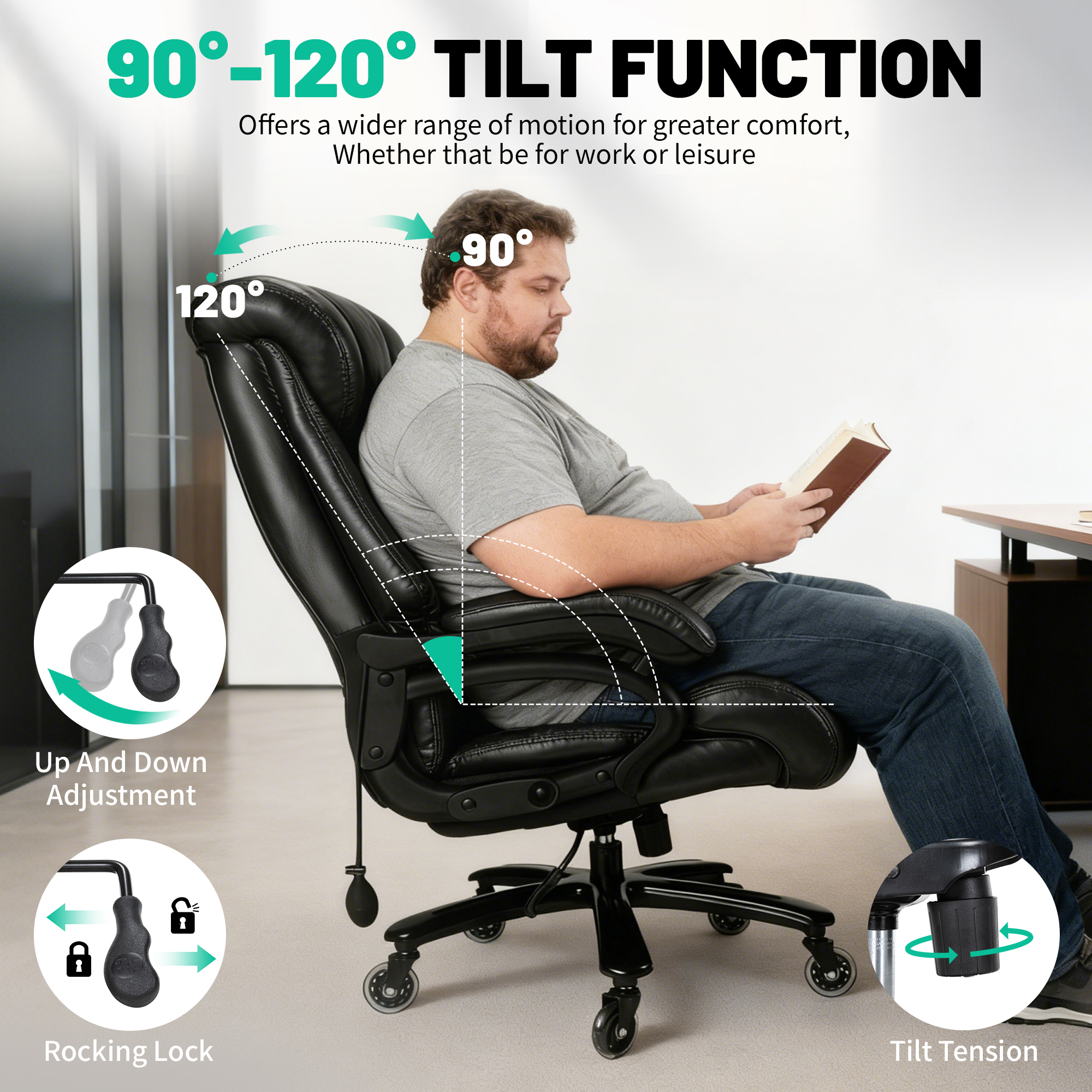 800lbs Executive Office Chairs, Big and Tall Desk Chair with Adjustable Lumbar Support, Leather Computer Chair with Quiet Rubber Wheel and Extra Wide seat