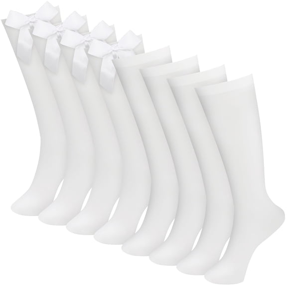 GIRACOA 4 Pairs Knee High Socks Girls Long School Socks, Back to School Uniform Socks School Socks Girls with Bow, Long Socks Girls Cotton Mid Calf Socks for 8-12 Years, (White)