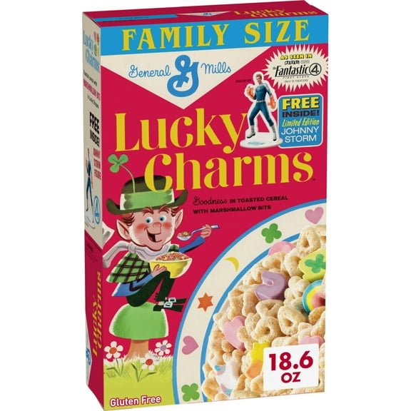 Lucky Charms Cereal with Johnny Storm Figurine, Walmart Exclusive, Family Size, 18.6 oz