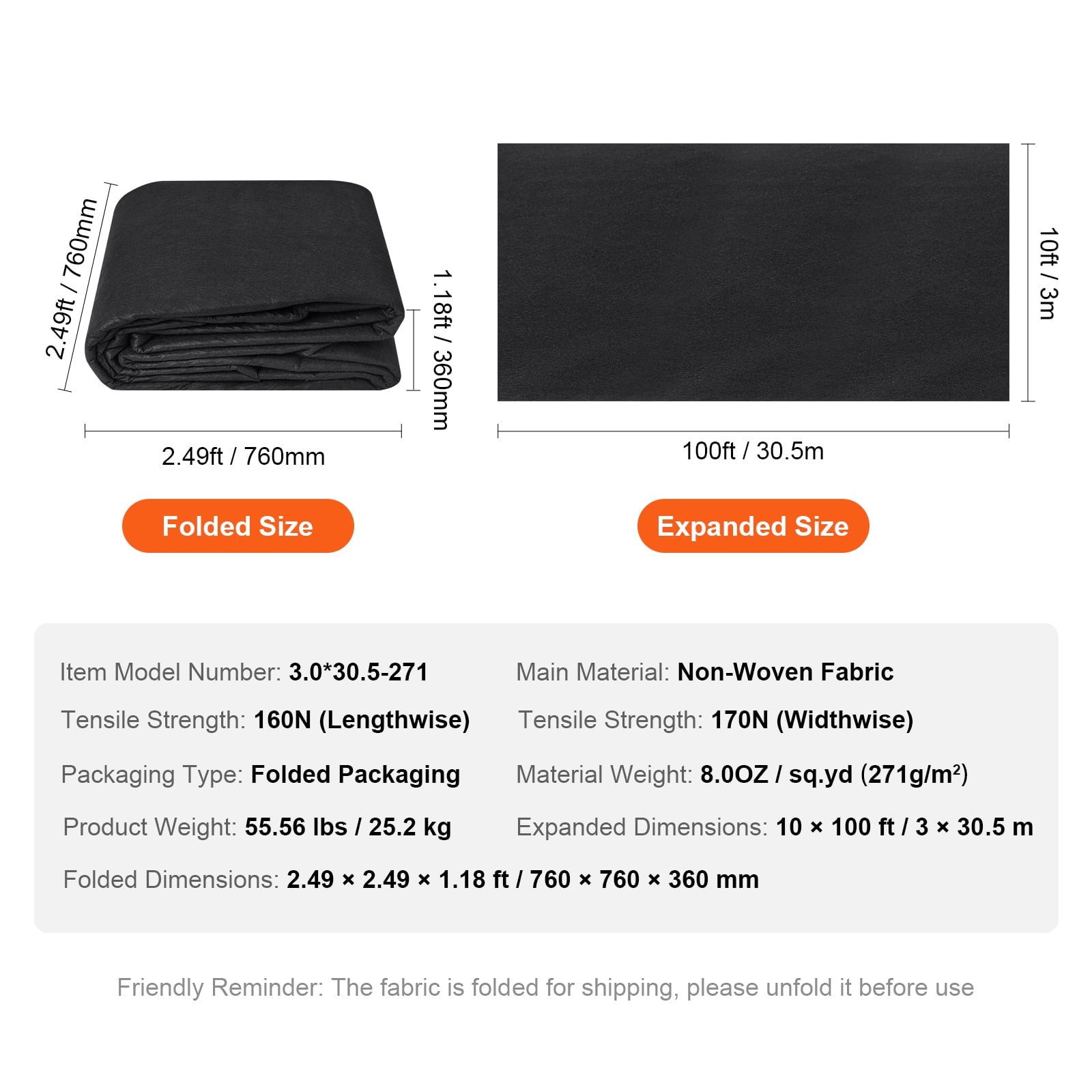 KFFKFF Garden Ground Cover 10x100FT 8OZ, Heavy-Duty Landscape Fabric, Durable Non-Woven Weed Barrier, Geotextile Fabric Weed Control Fabric Drainage Fabric, Black