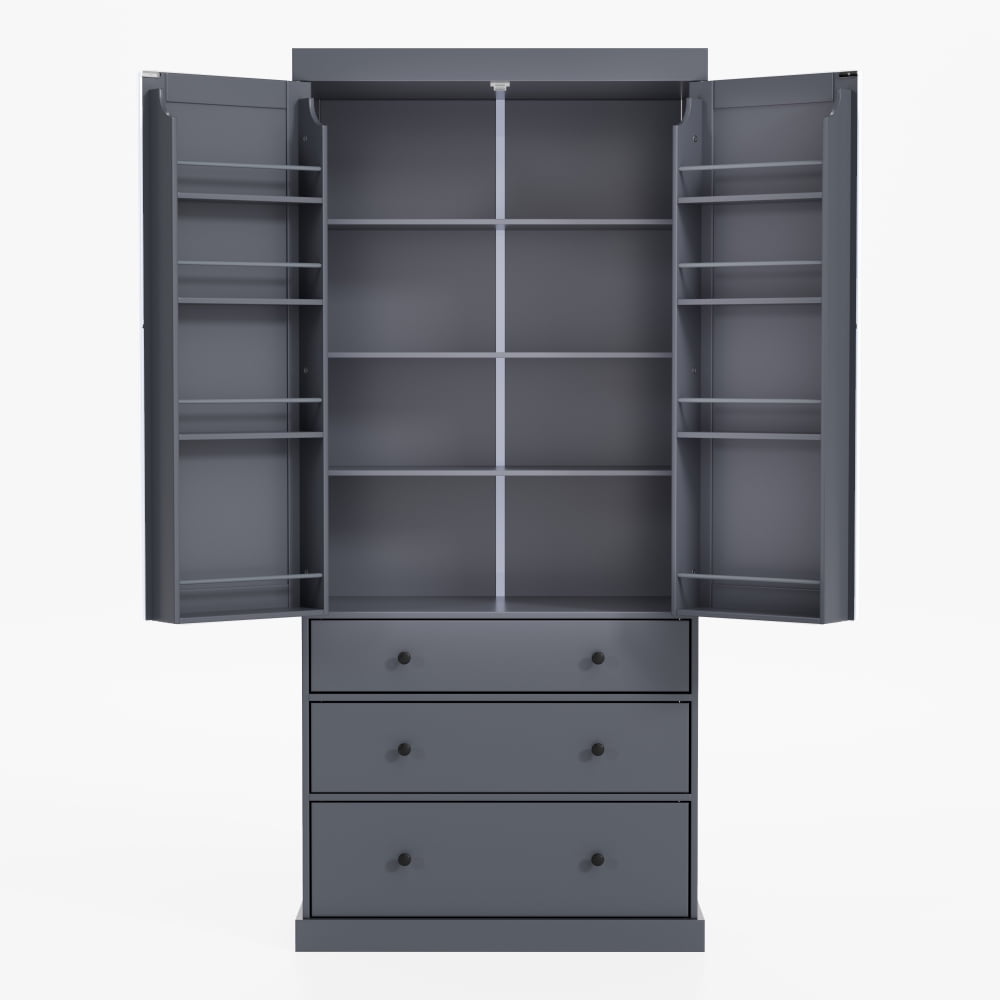 77" Farmhouse Kitchen Pantry - Freestanding Tall Cupboard Storage Cabinet with 3 Adjustable Shelves, 8 Door Shelves, 3 Drawers for Kitchen, Dining Room, Pantry Organization