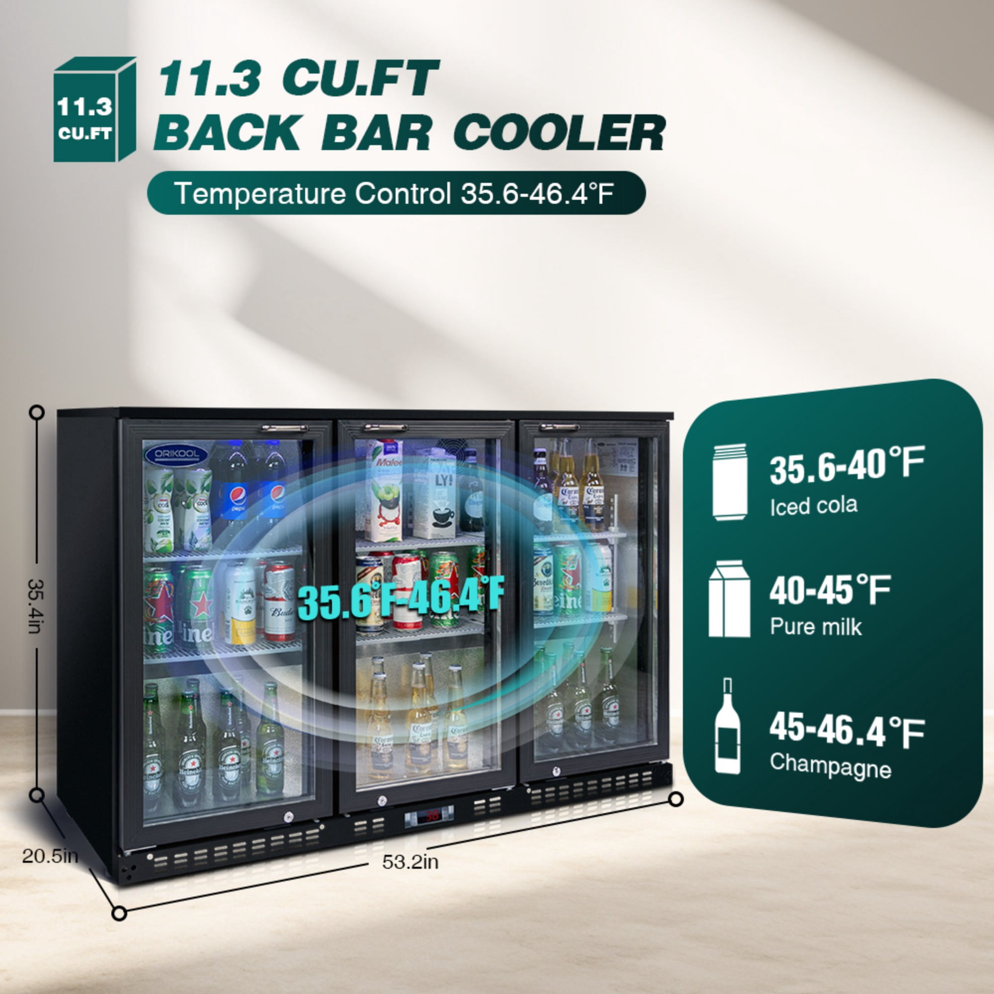 Beverage Refrigerators Cooler  53 inch 3 Glass Door Back Bar, 480 Cans Commercial Display Bar Fridge for Beer Wine and Drink 11.3 Cu.Ft