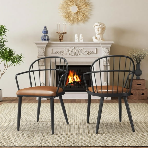 GDF Studio Industrial PU Leather Upholstered Dining Chairs with Arched Back, Metal Frame, Brown Black, Set of 2