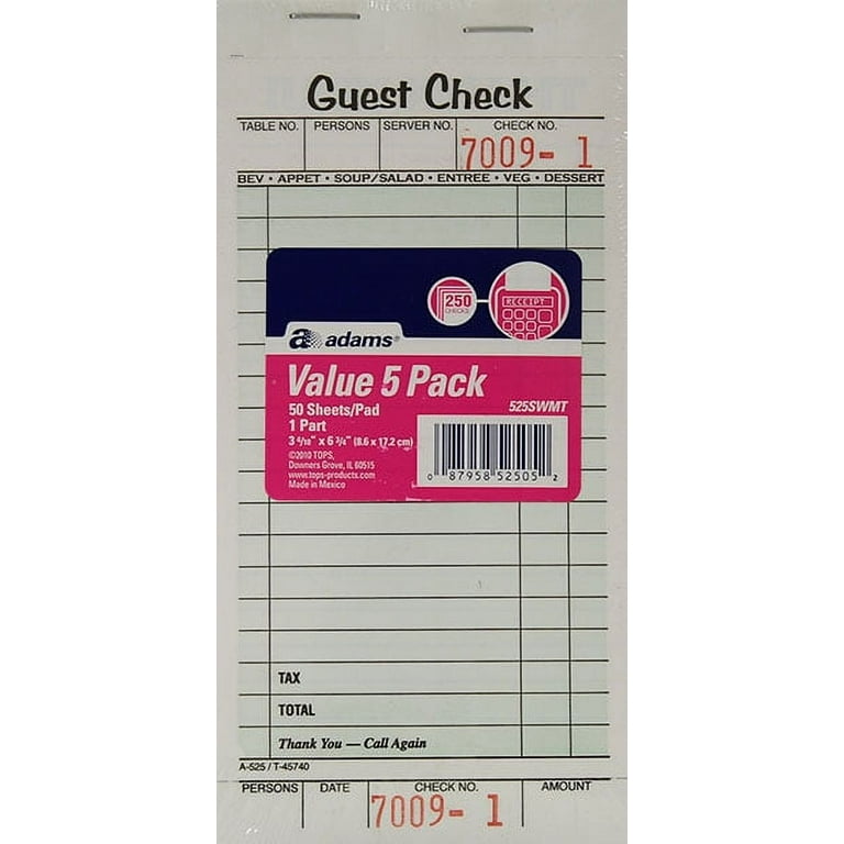 Adams Guest Check Pads, Single Part, Perforated, White