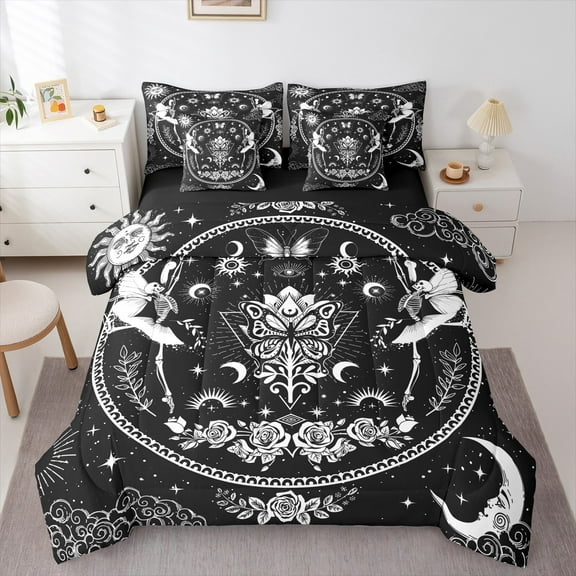 jejeloiu Gothic Skull 7-Piece Twin Bedding Sets,Spooky Halloween Skeleton Bedding Comforter Set,Boho Bohemian Style Flower Sheet Sets For Girls Boys,Microfiber Bedroom Decor Reversible