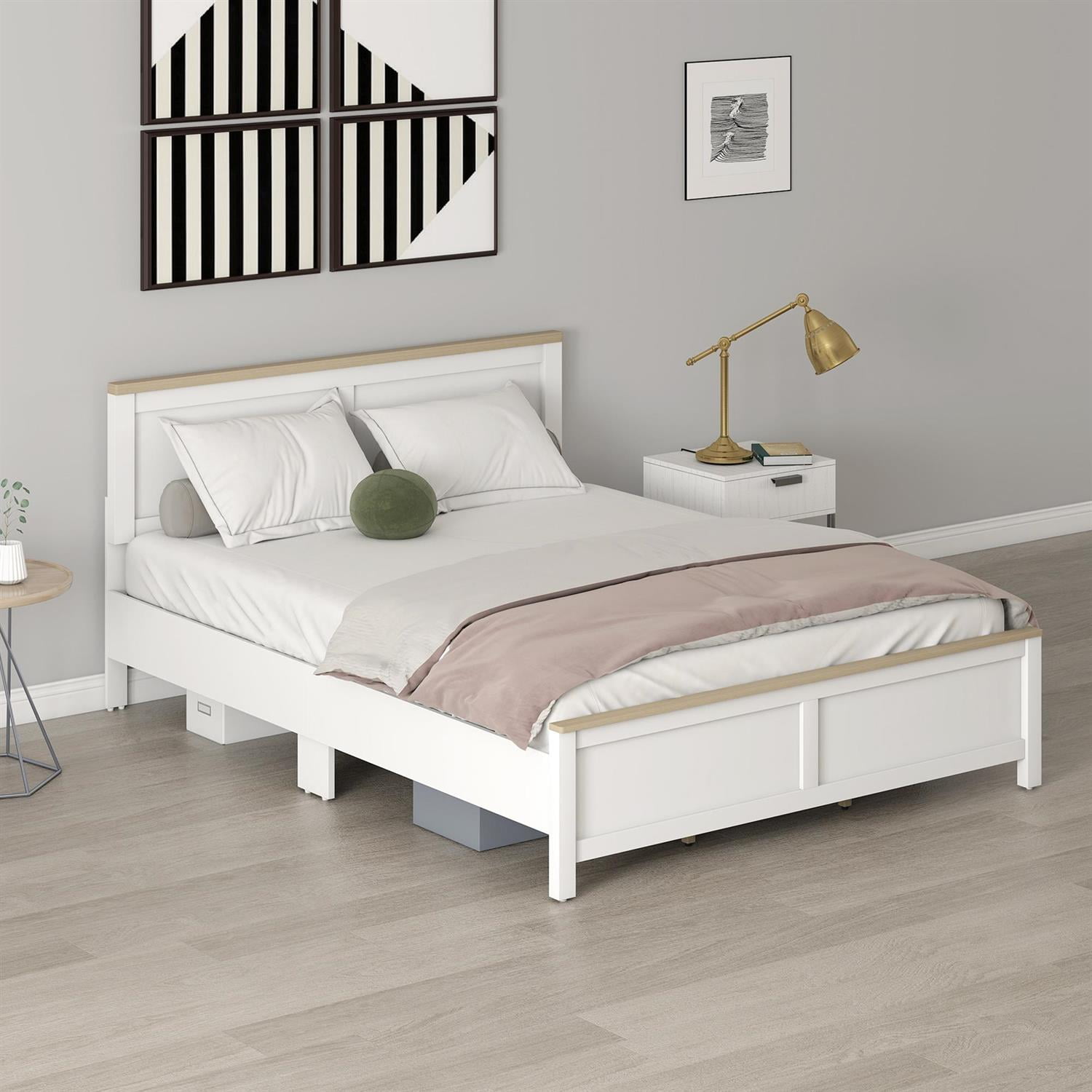 Demi Bonn Modern Queen Bedframe with Headboard, WoodSlat Design NoBoxSpringRequired, EasyAssembly Bed for Bedrooms, White