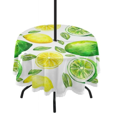 

SKYSONIC Lime Lemon Outdoor Round Tablecloth Waterproof Stain-Resistant Non-Slip Circular Tablecloth 60 Inch with Umbrella Hole and Zipper for Tabletop Backyard Party BBQ Decor
