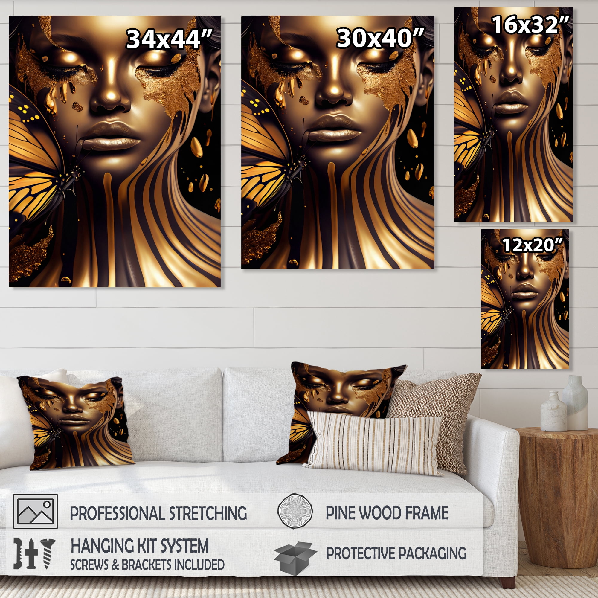 Designart Woman With Black And Gold Butterflies IV Canvas Wall Art