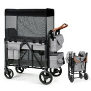 Matladin Wagon Stroller for 2 Kids, Foldable All-Terrain Wagon for Toddler with Canopy, 5 Point Harness, Adjustable Handlebar, Shoulder Bag, Gray