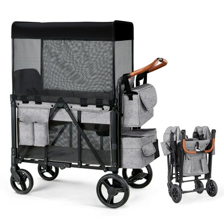 Matladin Wagon Stroller for 2 Kids, Foldable All-Terrain Wagon for Toddler with Canopy, 5 Point Harness, Adjustable Handlebar, Shoulder Bag, Gray