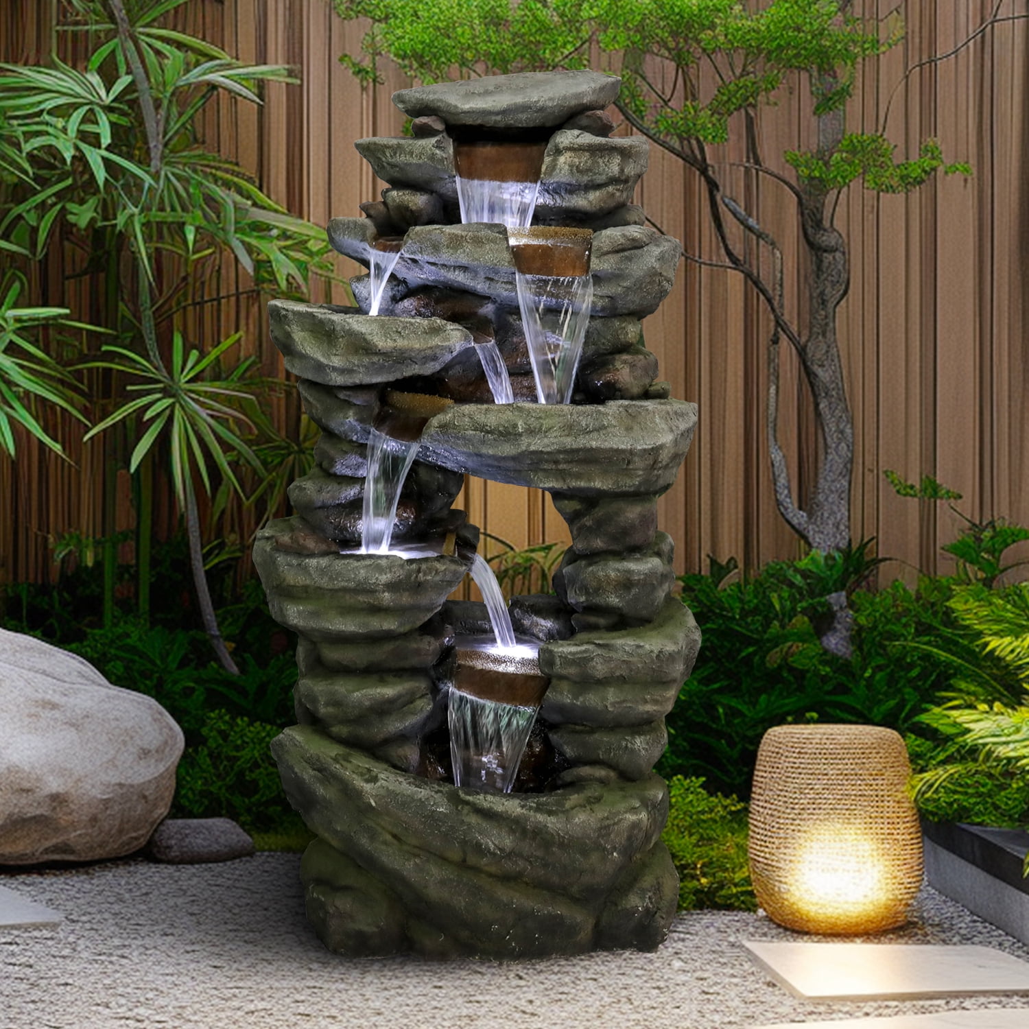 7-Tiers Rocks Outdoor Garden Water Fountain- 60" High Large Cascading Waterfall Floor Standing Water Features with LED Lights for Garden and Patio Decor
