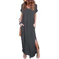 thumbnail image 1 of Robe Maxi d'Été pour Femmes Décontractée Ample avec Poches Longue Robe Manches Courtes Fendue Vert Armée Gris Foncé m, 1 of 5